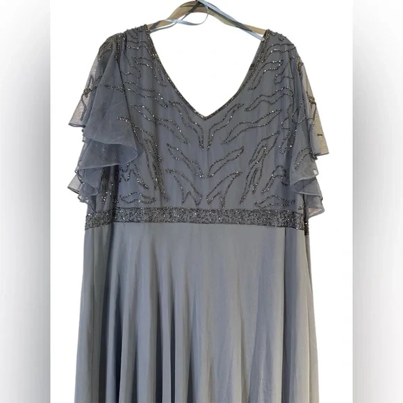 J Kara Dusty Blue Beaded Flutter Sleeve Maxi Gown – Elegant Formal Evening Dress - Picture 9 of 9